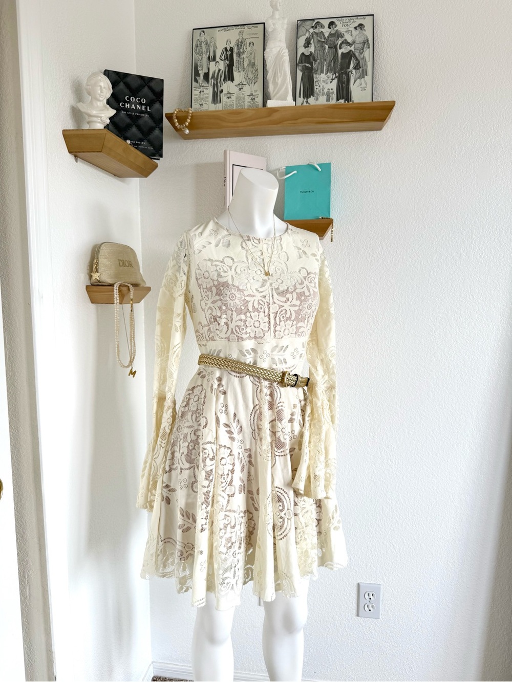 Free People Lover's Folk Song Cream Lace Mini Dress Angel Sleeves SZ 8